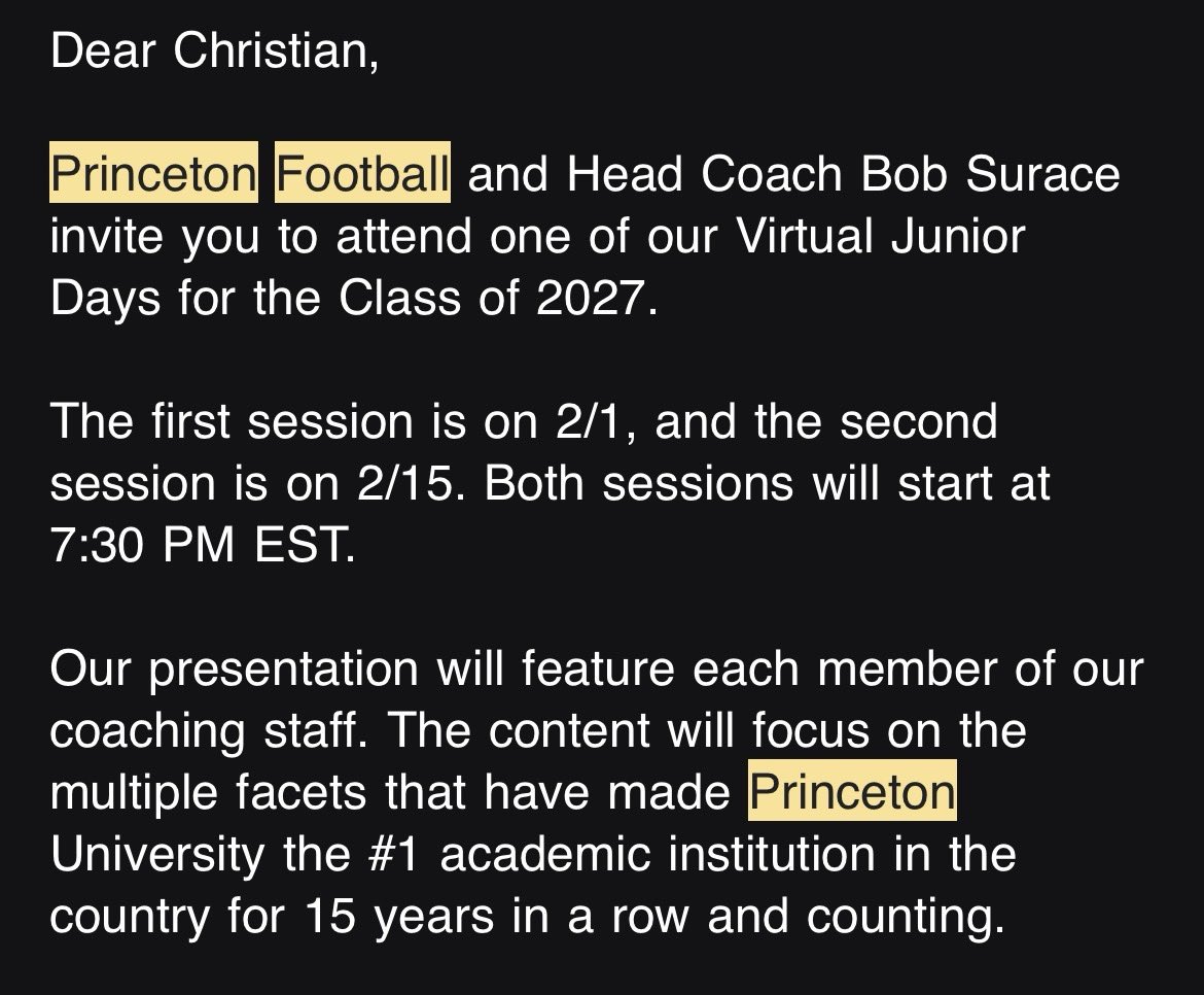 Wanted to say thank you to Head Coach <a href="/CoachBobSurace/">Bob Surace '90</a> and staff for the invitation to Princetons Virtual Junior Day! Amazing school and I loved everything I heard! I look forward to hopefully building a relationship with the program!
<a href="/CoachWFox/">Will Fox</a> 
<a href="/RyanFracPU/">Ryan Fraccaroli</a>
