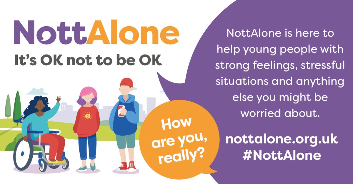 Rushcliffe's tweet image. 💜🧡NottAlone is here to support young people in #Nottingham and #Nottinghamshire with any mental health worries they may have.
The website is full of helpful advice and information, as well as links to contact local support services to get help.➡️ nottalone.org.uk