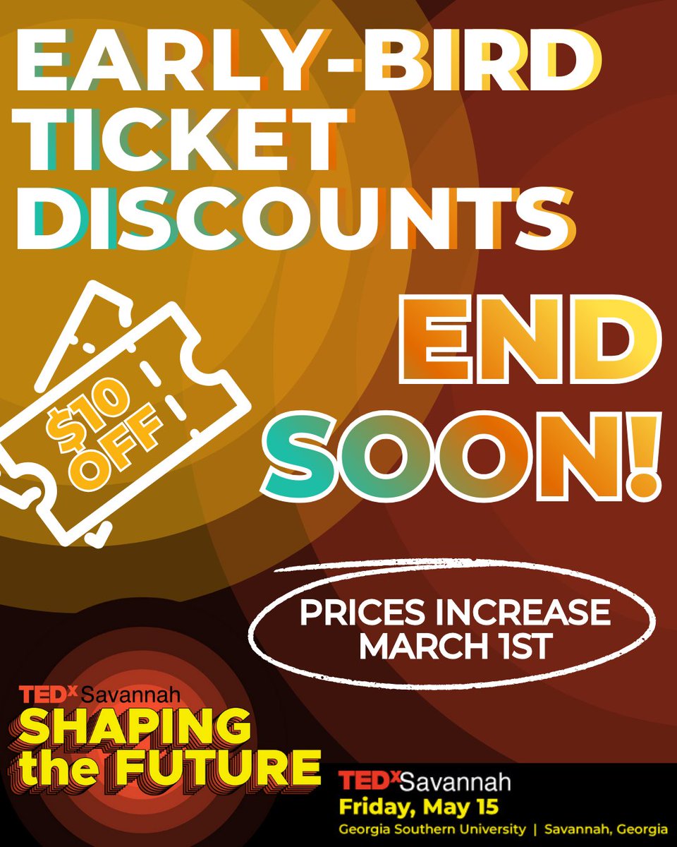 🚨 Early-bird tickets are almost gone 🚨
Save on TEDxSavannah 2026 tickets while you can - prices go up March 1.

🎟️ Grab yours before the discount ends >>> tedxsav.com/x/tickets