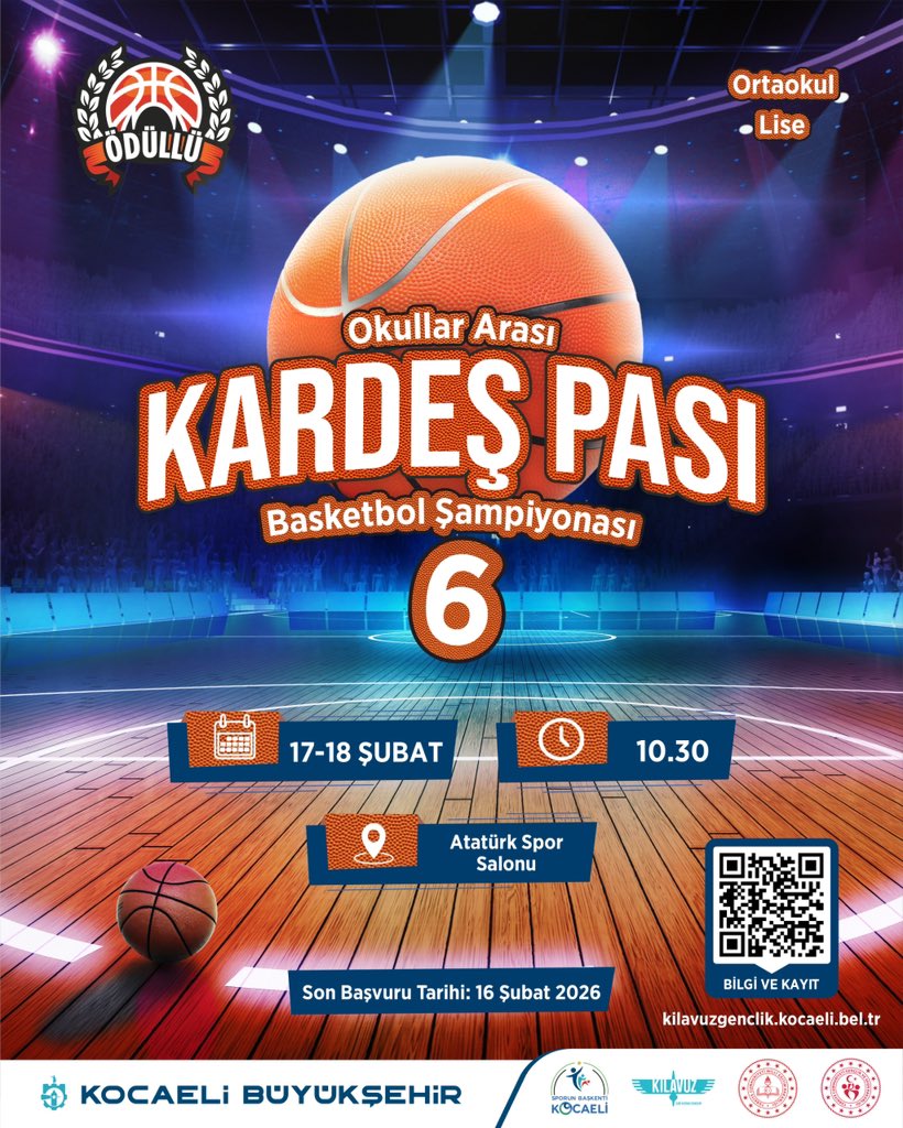 Dostluk, rekabet ve takım ruhu bir arada! 🏀⛹️

Okullar Arası Kardeş Pası Basketbol Şampiyonası başlıyor!
Ortaokul ve lise takımları bu heyecan dolu turnuvada parkede ter dökecek 💪🔥

📅 17–18 Şubat
⏰ 10.30
📍 Atatürk Spor Salonu

📝 Son başvuru tarihi: 16 Şubat 2026

🔗Detaylı