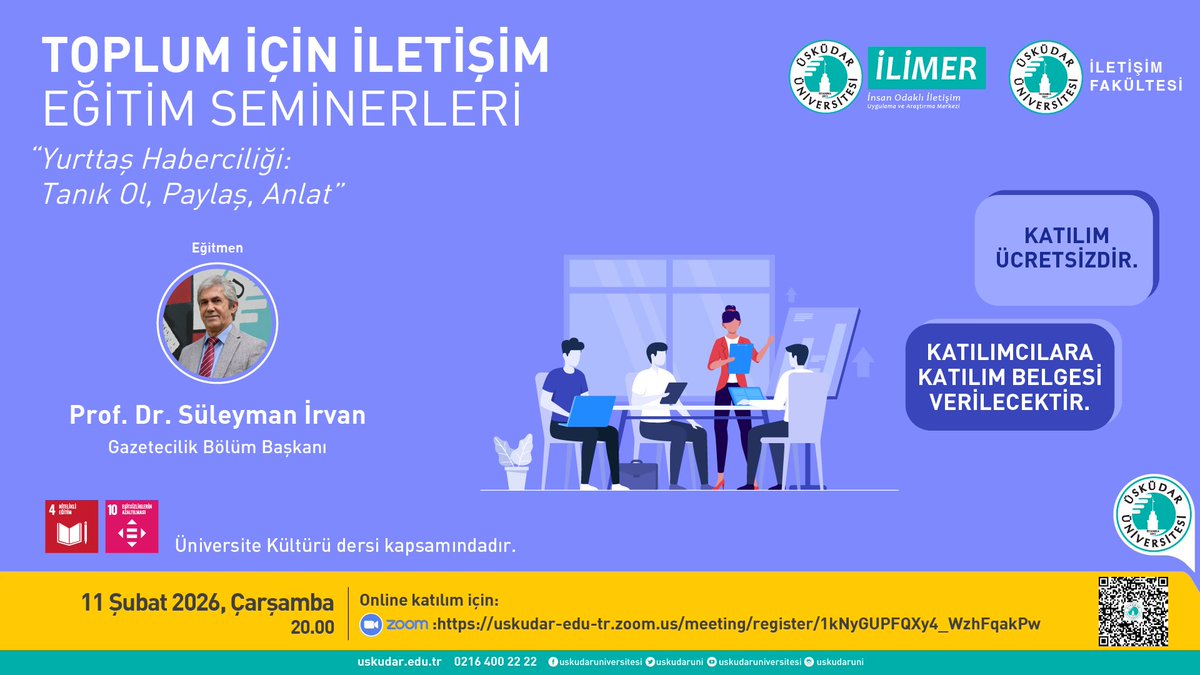 YURTTAŞ HABERCİLİĞİ
Üsküdar İletişim'in İLİMER'le birlikte düzenlediği
Toplum İçin İletişim Seminerleri'nin sonuncusunun konuşmacısı benim. Yurttaş Haberciliği konulu seminer 11 Şubat Çarşamba, akşam 8'de. Seminere katılmak isteyenlerin linke tıklayarak kayıt olmaları gerekiyor.