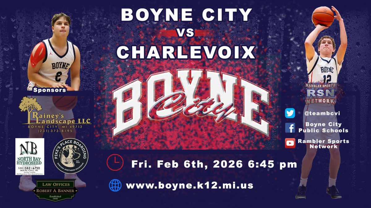 RSN Presents:

 Boyne City vs. Charlevoix

Broadcast goes LIVE Fri Feb 6 6:45 pm

Tonight at Halftime:
Boyne City Alumni Riley Peterson (Mills) and current Charlevoix CTE Health Occupations Instructor on at Halftime!
 
CLICK LINK BELOW for Broadcast-
forms.gle/zuTH92x7dvxCTq…