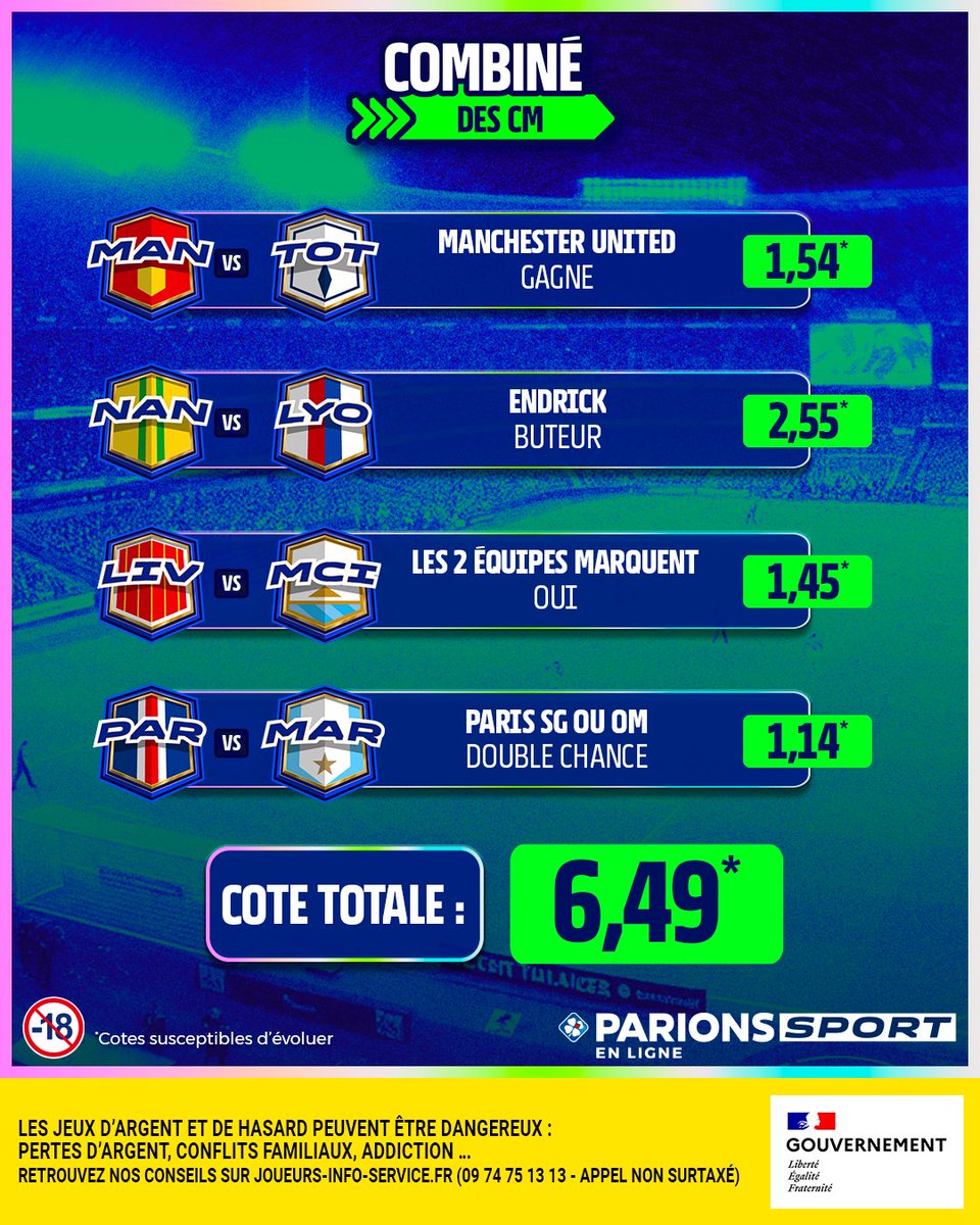 😉 Pas mal ce petit #CombiDesCM pour pimenter ce week-end ?

🤔 Ça fait 3/4 ? 👉 5x20€ de freebet
🤔 Ça fait 4/4 ? 👉 10x20€ de freebet

Pour jouer : 
🤝 RT + Follow

🗓️ TAS le 09/02
📃 Règlement : bit.ly/45Ljuky