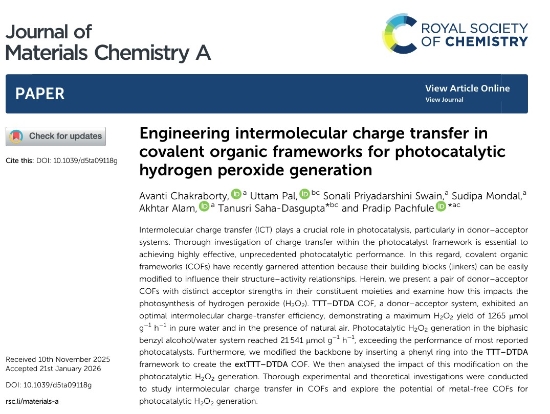 Avichak's tweet photo. Happy to share our recent article based on charge transfer dynamics in COFs for photocatalytic H2O2 generation.
It is majorly observed that extended conjugation elevates the performance, we break the notion! Read to know more👉
Heartily thanking my supervisor Dr. Pradip Pachfule! https://t.co/Mpc9D4F5Mg