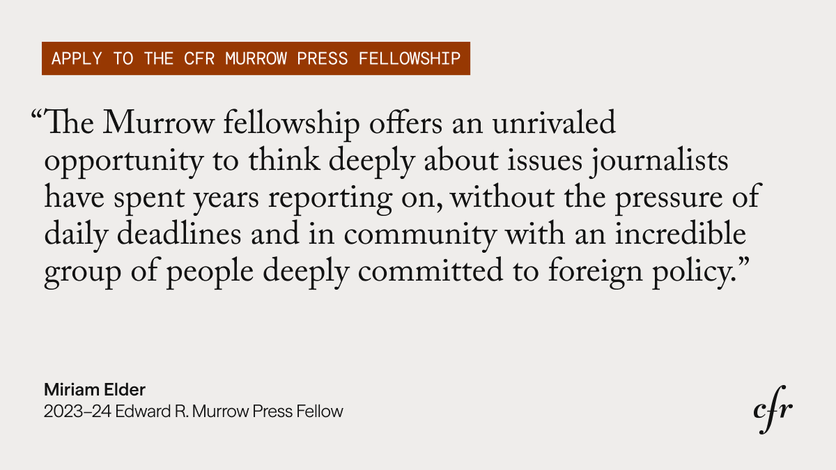 CFR_org's tweet photo. 📢 Calling journalists: We are looking for applicants for CFR's Edward R. Murrow Press fellowship!

Apply by February 27, 2026. 

Get more info: https://t.co/KNu6spaaSm https://t.co/8KG4RysZj3