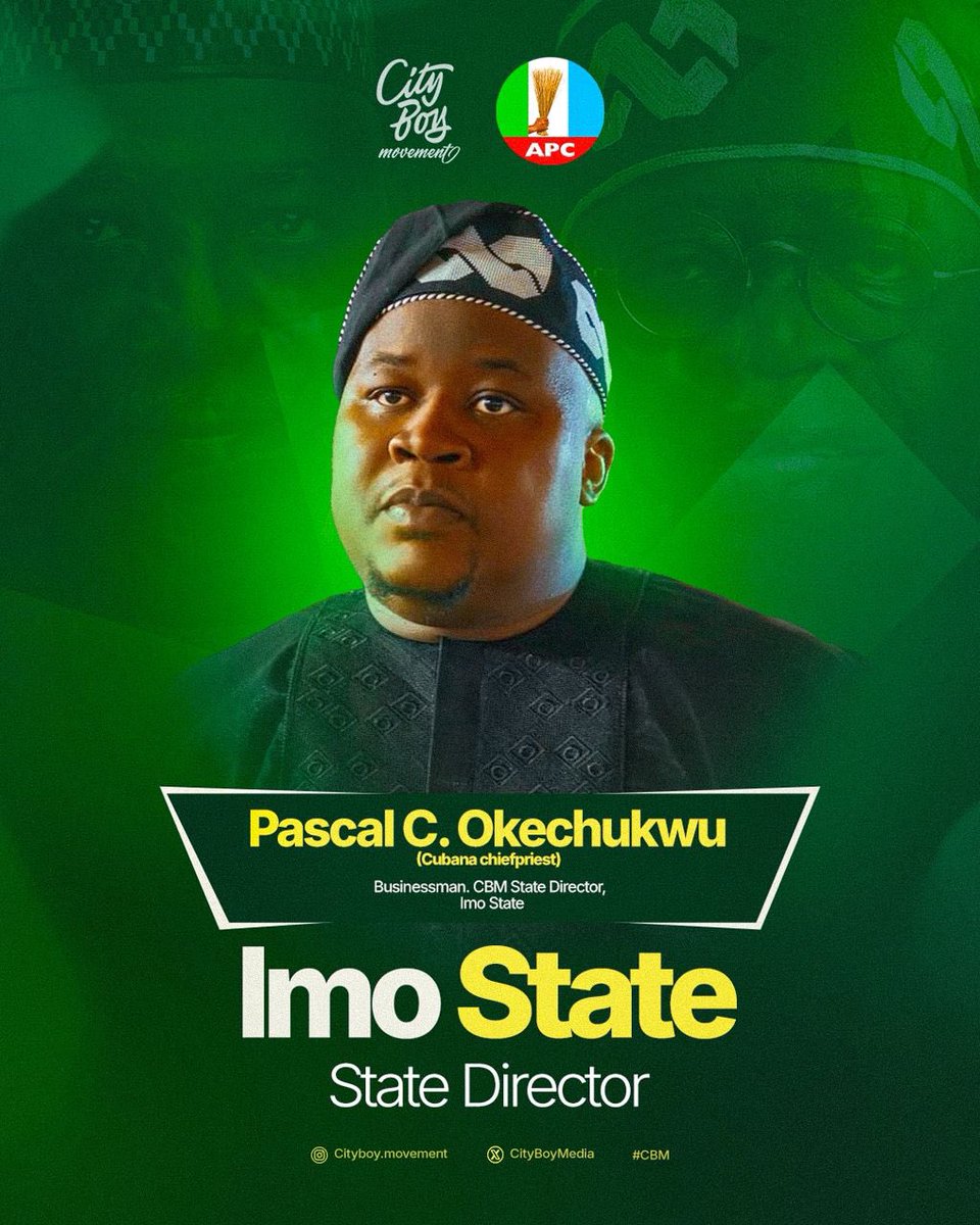 CityBoyMedia's tweet photo. City boymovement appoints Pascal C. Okechukwu (Cubana Chiefpriest) who stands as a symbol of dedication, strategic leadership, and unwavering commitment to the growth of the City Boy Movement. As the Imo State Director, he brings experience, influence, and a people-centered approach to mobilizing support, strengthening party structures, and advancing the Renewed Hope Agenda.

With a clear vision for progress and unity, Imo State remains firmly positioned for inclusive development, effective leadership, and sustained political engagement. Together, we move forward stronger, focused, and united. 💚🇳🇬

Votes na water !

City Boy Movement 
#CBM #CityBoyMovement #ImoState #Leadership #Progress