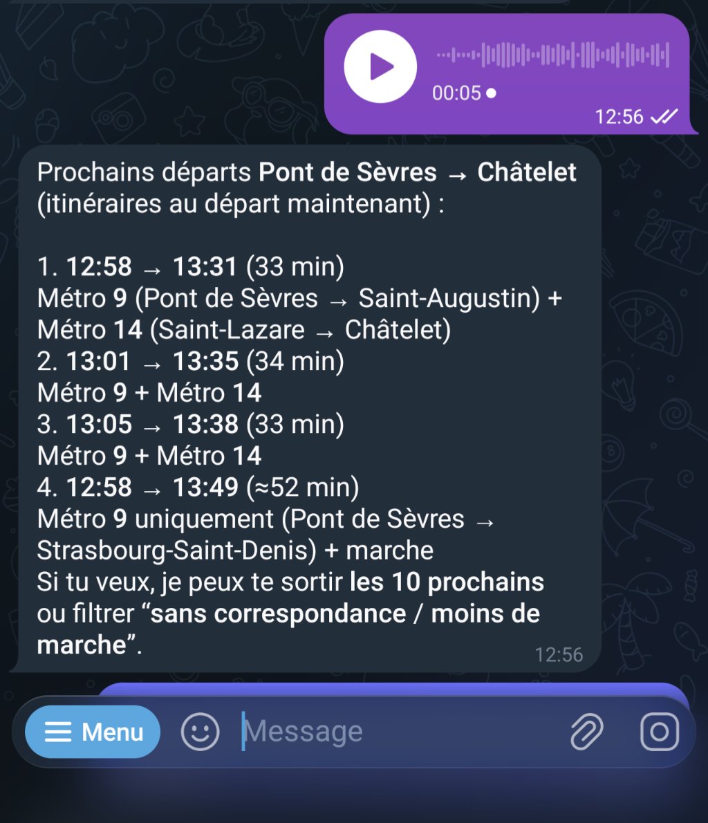 <a href="/RATPgroup/">RATP Group</a>
<a href="/GroupeSNCF/">Groupe SNCF</a> <a href="/IDFmobilites/">IDF Mobilités</a>
Avec le skill clawhub.ai/anthonymq/idfm…, je peux demander à mon bot openclaw "Je suis à Pont de Sèvres et je veux aller à Châtelet" et il me répond avec les données en temps réel :