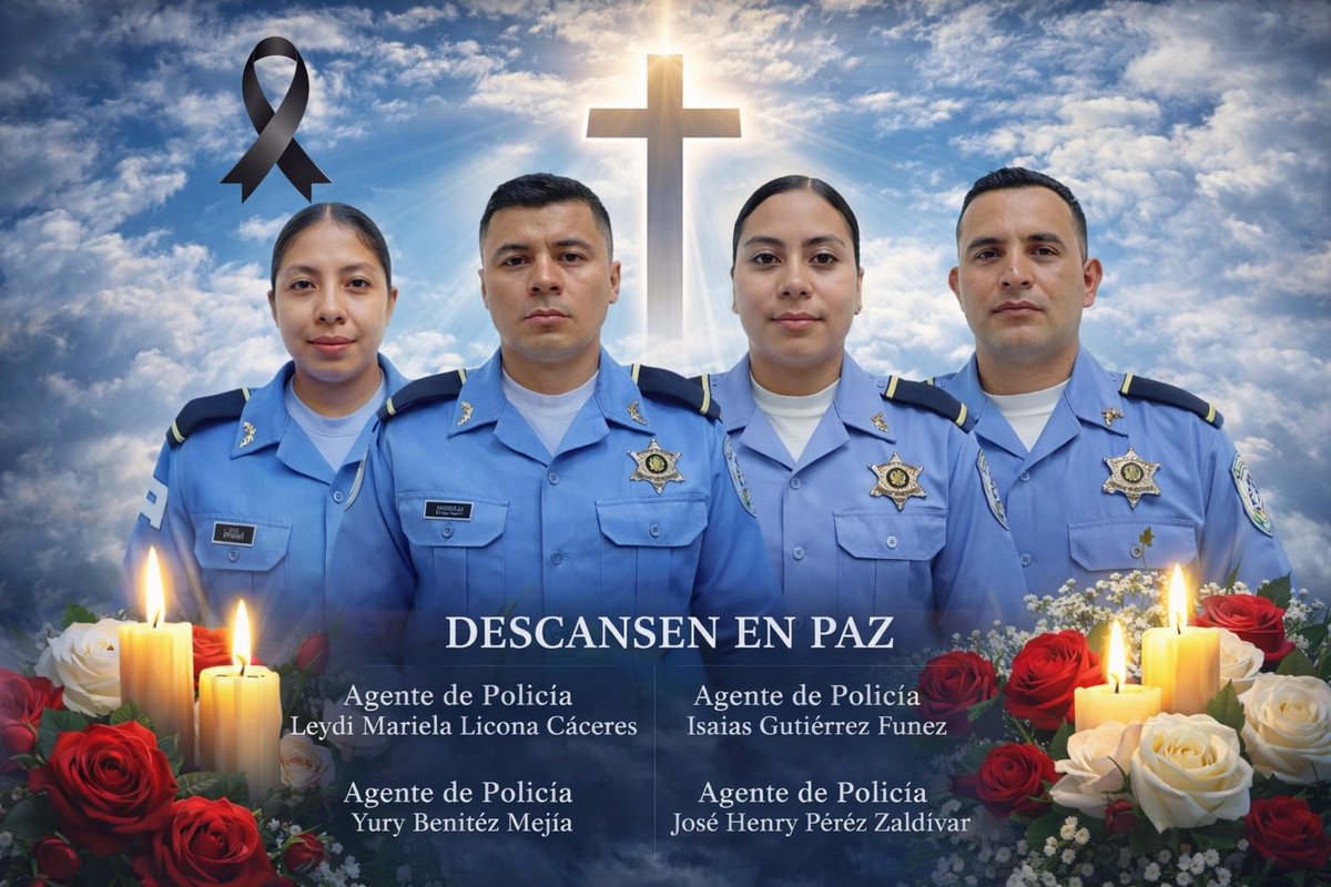 Con profundo dolor expreso mi pesar por el fallecimiento de cuatro valientes agentes de la Policía Nacional, quienes perdieron la vida en un trágico accidente de tránsito mientras iban para Gracias, Lempira, al lanzamiento del Plan de Barrios y Comunidades Seguras a nivel de todo