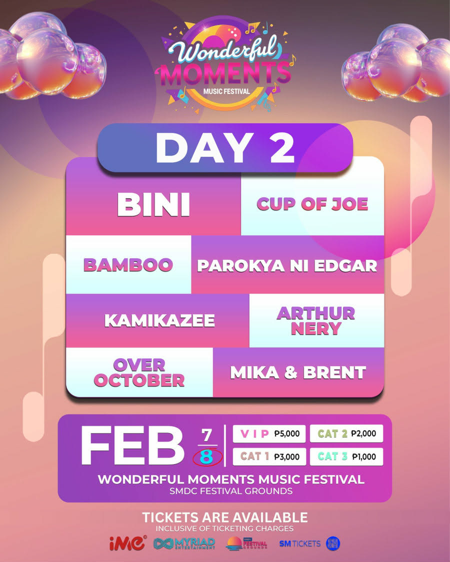 WTS (Helping a friend) 

Wonderful Moments Music Festival
DAY 2: Sunday, Feb 8, 2026 
CAT 2 (orig price 2k + 100 online fee) ONHAND 
Selling for 1500 each 
2 tix available (can buy only 1) 

can meet up tmrw or on D-day (D2)

RFS: sched conflict 
REPLY/COMMENT if interested