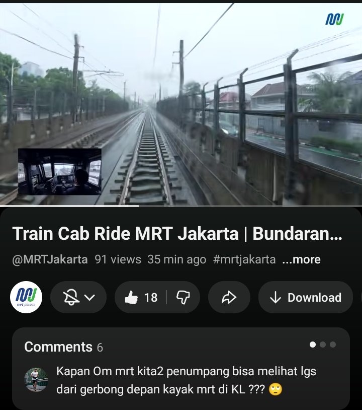 DS64____'s tweet photo. ジャカルタ地下鉄が、YouTube公式チャンネルにて、ブンダランHI駅からレバック・ブルス駅までの南北線列車の前面展望動画を公開しました。 https://t.co/C6y7MP06O7