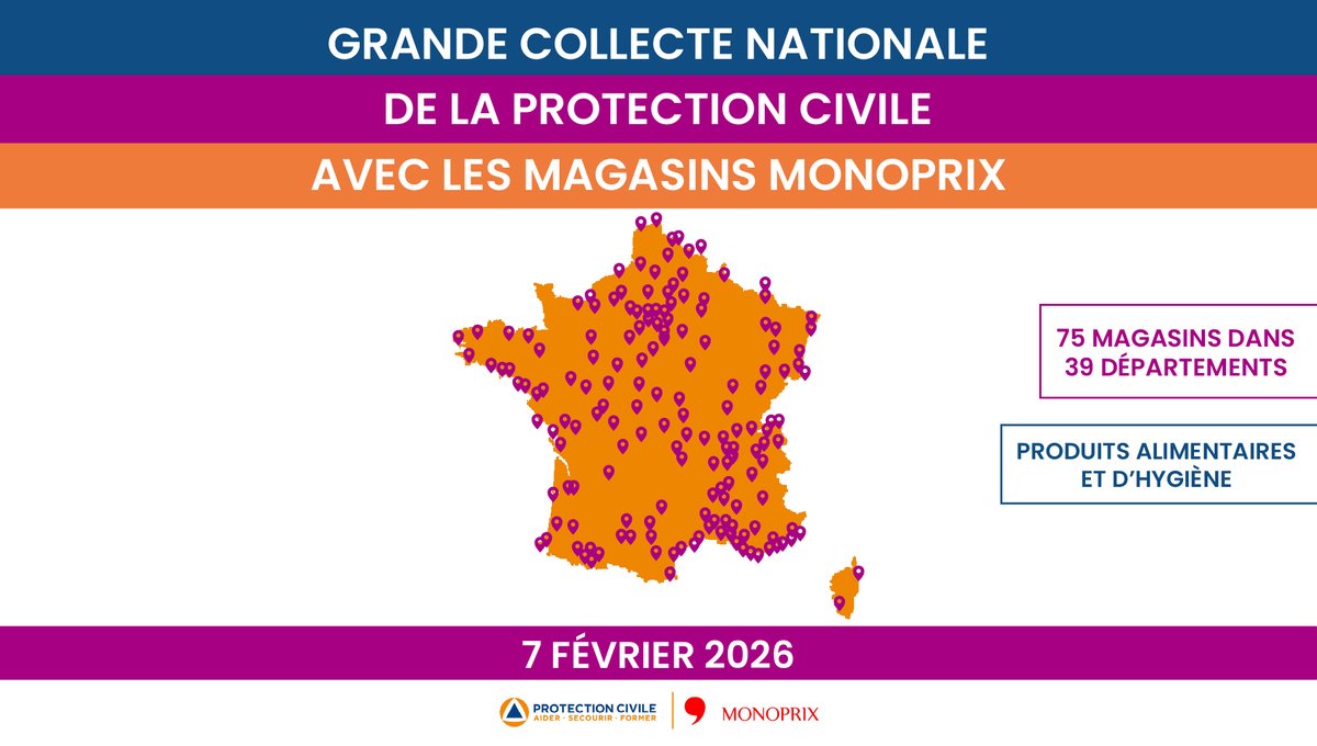 🛒 7 février 2026 La Protection Civile, avec le Groupe Casino se mobilise partout en France pour une grande collecte solidaire.
Un produit = une aide concrète 🤝

<a href="/Monoprix/">Monoprix</a> <a href="/Groupe_Casino/">Groupe Casino</a>