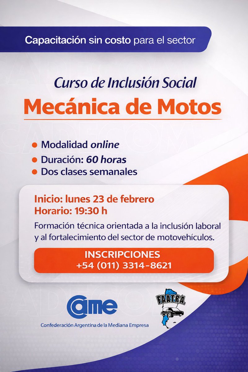 Curso de Inclusión Social en Mecánica de Motos, modalidad online. Una iniciativa orientada a la formación técnica, la inclusión laboral y el fortalecimiento del sector de motovehículos. 
Inicio: lunes 23 de febrero – 19:30 h
Info.: +54 (011) 3314-8621

#CADECOM #Capacitación