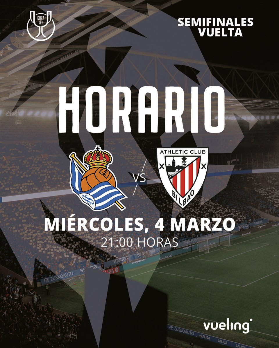 ⏰ ¡Fijados los horarios del derbi de las semifinales de Copa!

🆚 <a href="/RealSociedad/">Real Sociedad Fútbol</a>

📌 IDA

🏟️ San Mamés
🗓️ Miércoles, 11 febrero 
🕘 21:00 h

📌 VUELTA

🏟️ Anoeta
🗓️ Miércoles, 4 marzo
🕘 21:00 h

#AthleticRealSociedad #AthleticClub 🦁