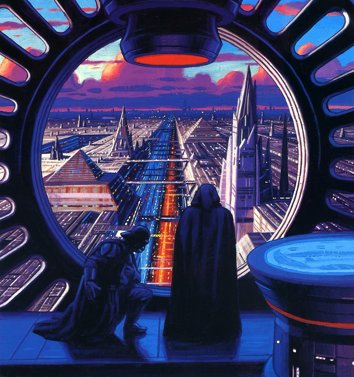 Emperor Palpatine and Darth Vader look out at Imperial Center (Coruscant). Art by Greg and Tim Hildebrandt. It was created in 1996 for the Topps Shadows of the Empire collector card set.