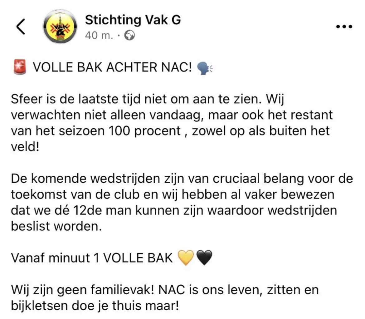 Breda1974's tweet photo. Sta je liever met je rug naar ‘t veld, dan mee oe bakkes. Praat je liever over gintonic, dan da ge voor NAC schreeuwt. Kijk je met ‘n dommige blik, wanneer er gezongen wordt. Is NAC voor jou slechts ‘n opwarmer en niet het hete Avondje? Lekker wegblijven!  #nacpraat #handhaven💛 https://t.co/byzERVP0av