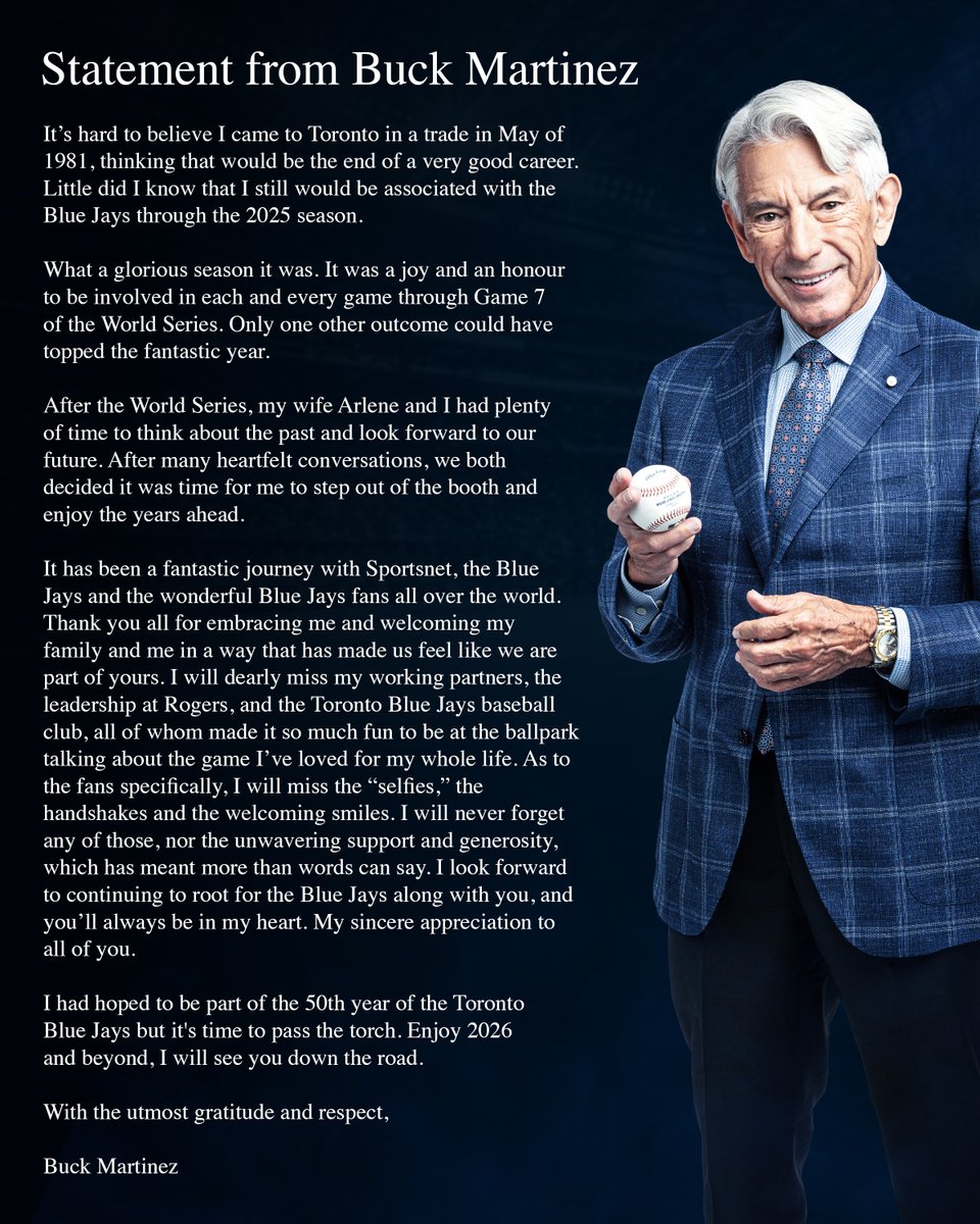 SportsnetPR's tweet image. Legendary Blue Jays Broadcaster Buck Martinez Announces Retirement

Press Release: rogerssportsandmedia.com/the-latest/leg…