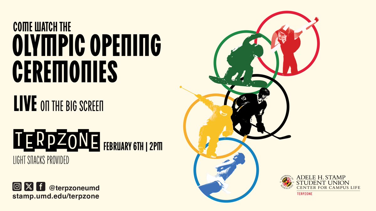 thestampumd's tweet photo. Get hyped up to watch your favorite skiers, curlers, lugers and skaters by taking in the #WinterOlympics opening ceremonies in @terpzoneumd today! Join us for the ceremonies and snacks starting at 2 p.m.

⛷️ Learn more: https://t.co/ribOirQzlU https://t.co/iH9tZfdGHu