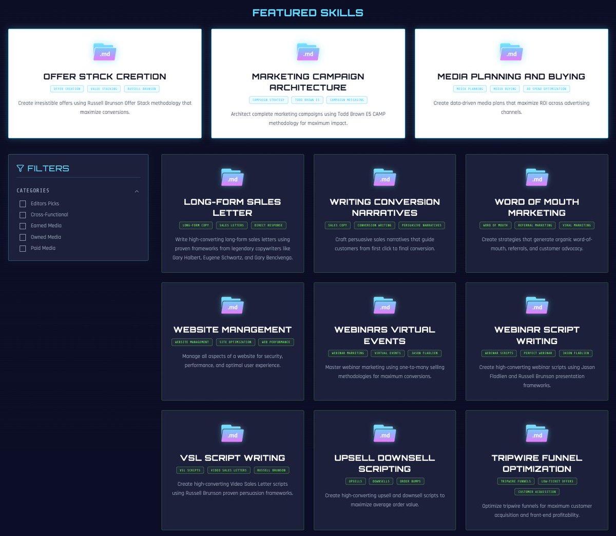I reversed engineered every skill in digital marketing and then trained my AI on all of them.

Here’s how I did it...

Oh, and I’m giving away all 84 marketing skill files at the end of this post.

This all took place over 5 days.

Step 1: The Skill Tree

I started by working
