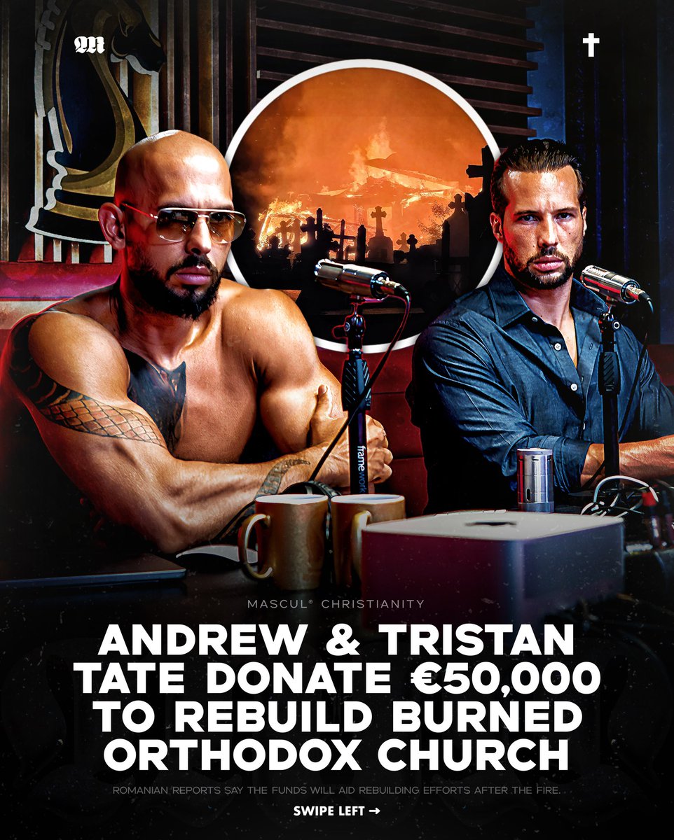 masculchristian's tweet image. Romanian media report that Andrew and Tristan Tate donated €50,000 to help rebuild a historic Romanian Orthodox church in Teleorman that was destroyed by fire. 🤍✝️ #AndrewTate #TristanTate #Romania #Church #News