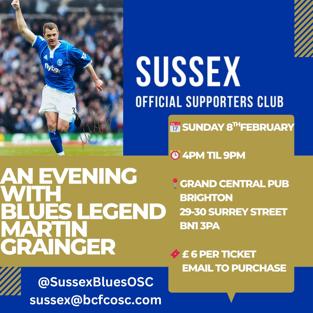 Today is the last chance to purchase your tickets for our evening with blues legend Martin Grainger! <a href="/MrMRG3333/">Martin Grainger</a> 
Limited tickets remaining to join us this Sunday in Brighton. Don’t miss out! @bcfc <a href="/OSCBCFC/">Birmingham City FC OSC</a> #KRO #BCFC