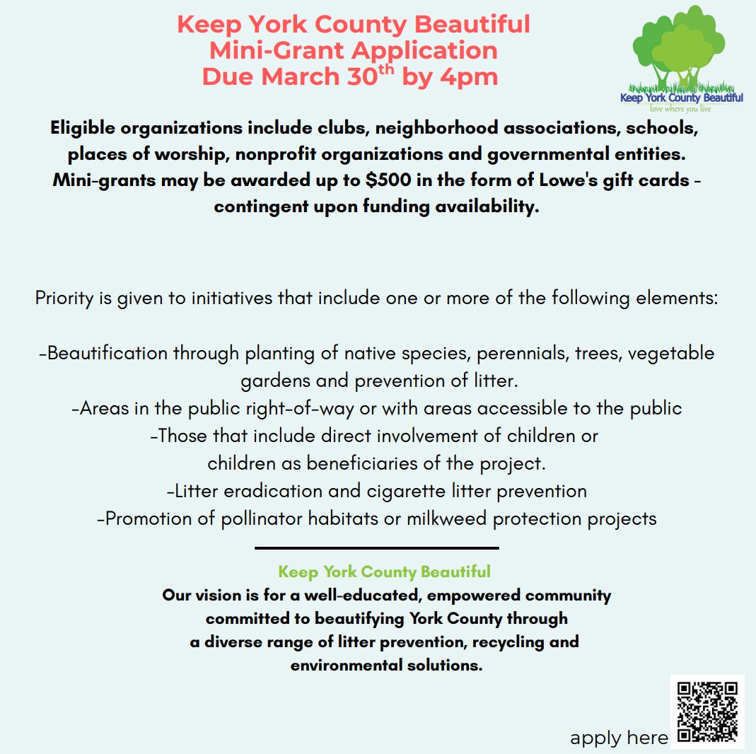 KeepYCBeautiful's tweet photo. KYCB mini-grant cycle open! Apply through QR code or : https://t.co/X8TaBTX72n https://t.co/AQYnh1QweY