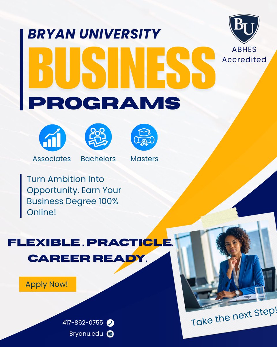 LearnatBryan's tweet image. 📊Your future in business starts here. 💼
Earn your degree 100% online with Bryan University and prepare for real-world success. 

Apply now and level up your career.📈

☎️Call 417-862-0755
💻Bryanu.edu 
✅ABHES ACCREDITED 

#bryanuniversity #enrolltoday