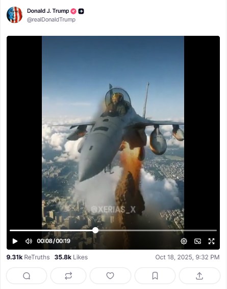 The X account that created the video Donald Trump shared depicting Barack and Michelle Obama as apes was previously behind the clip the US president shared that portrayed him as a pilot dumping excrement on "No Kings" protesters. Note the matching watermark.