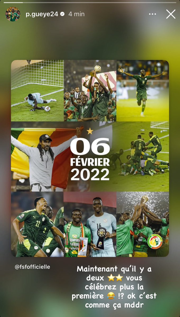 Pape Gueye : 

"Maintenant qu’il y a deux ⭐️⭐️ vous célébrez plus la première !? 😂 Ok c’est comme ça mddr"