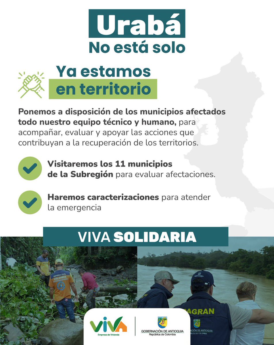 Hoy nuestro corazón y compromiso están con Urabá.
Por instrucciones de nuestro gobernador <a href="/AndresJRendonC/">Andrés Julián</a> VIVA activará un Escuadrón de Vivienda para atender la contingencia de las viviendas afectadas por las fuertes lluvias e inundaciones que hoy golpean la región, donde miles