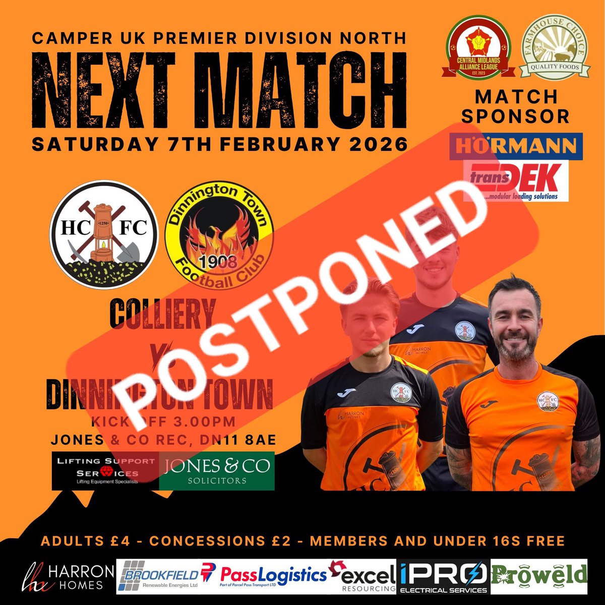 HCIFC's tweet photo. Tomorrow's clash with @DinnoTownFC has been postponed due to a waterlogged pitch. 

It's yet another game that will be re-arranged in due course.

Enjoy your weekend folks and fingers crossed we'll get another game played soon!!! https://t.co/yNan36jewR