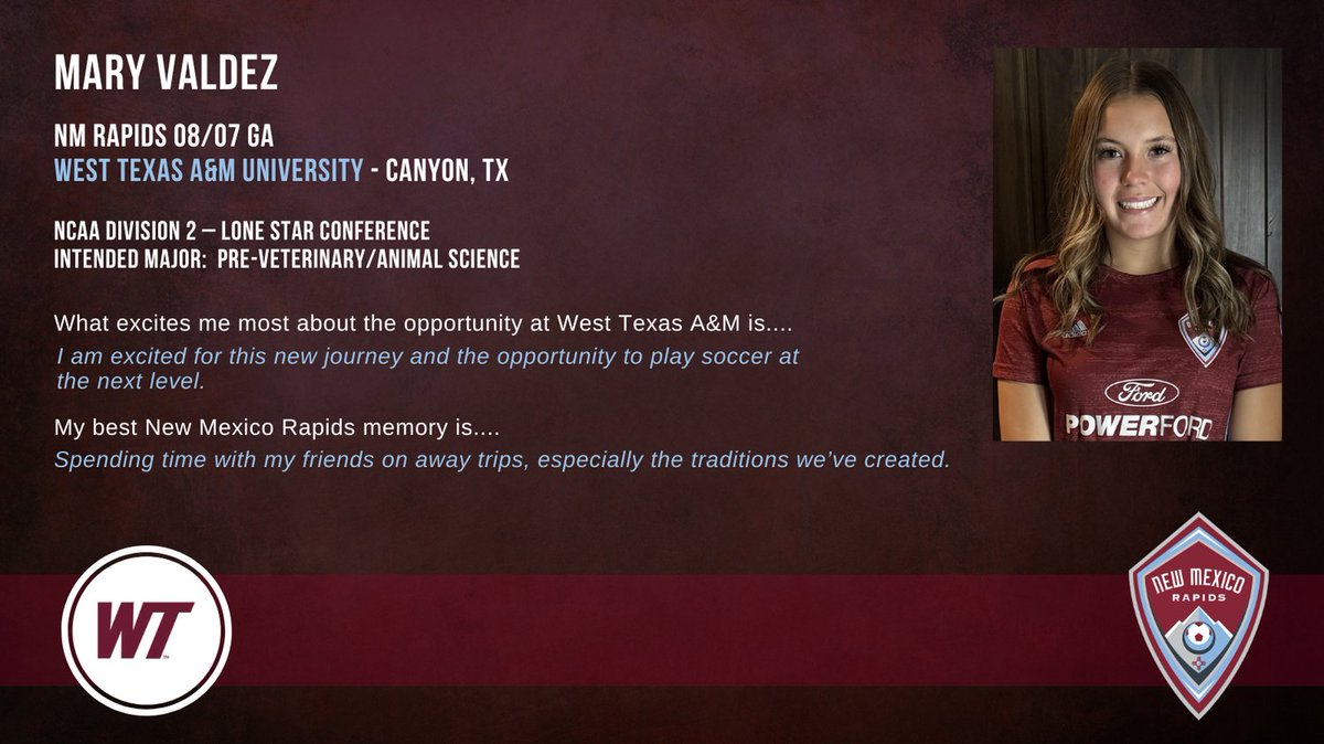 NMRapidsSC's tweet photo. We would like to feature our NM Rapids player: Mary Valdez who has made a commitment to play soccer for West Texas A&M University - Canyon, TX.
We are so proud of you!
⚽️⭐️⚽️⭐️⚽️⭐️⚽️⭐️⚽️⭐️⚽️⭐️
#nmrapids #NMRapidsPride #Congratulations https://t.co/pP5R2RFeR8
