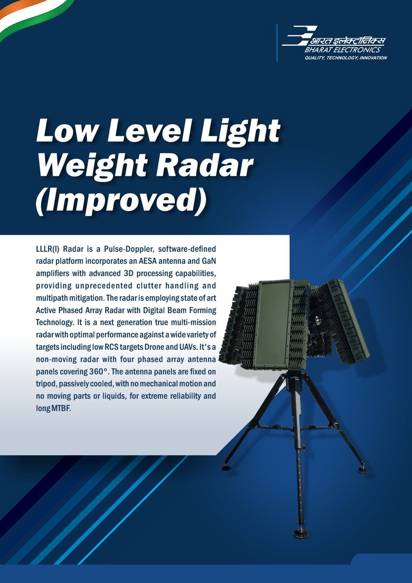 #JustIn

A THREAD 🧵

An RFP for 30 Low Level Light Weight Radars (LLLWR), costing nearly ₹725 crore, has been released by the <a href="/adgpi/">ADG PI - INDIAN ARMY</a> as part of its Fast Track Procurement Process.

This is the improved indegenous LLLR(I) Made by <a href="/BEL_CorpCom/">Bharat Electronics Limited (BEL)</a> a DPSU 😊

(1/7)