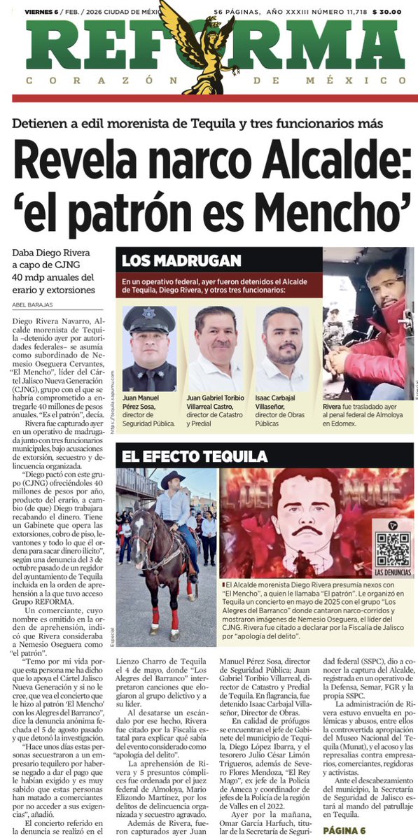 AlexItesm's tweet image. 🚨 “Le jefa NO es Sheinbaum, el PATRÓN es el MENCHO” declara el NARCO alcalde de Tequila, Diego Rivera

Le daba 40 millones de pesos anuales. “Al patrón”, decía

Ese dinero salía de las arcas del ayuntamiento y de las extorsiones a empresas como Cuervo @JoseCuervo

Dirán…