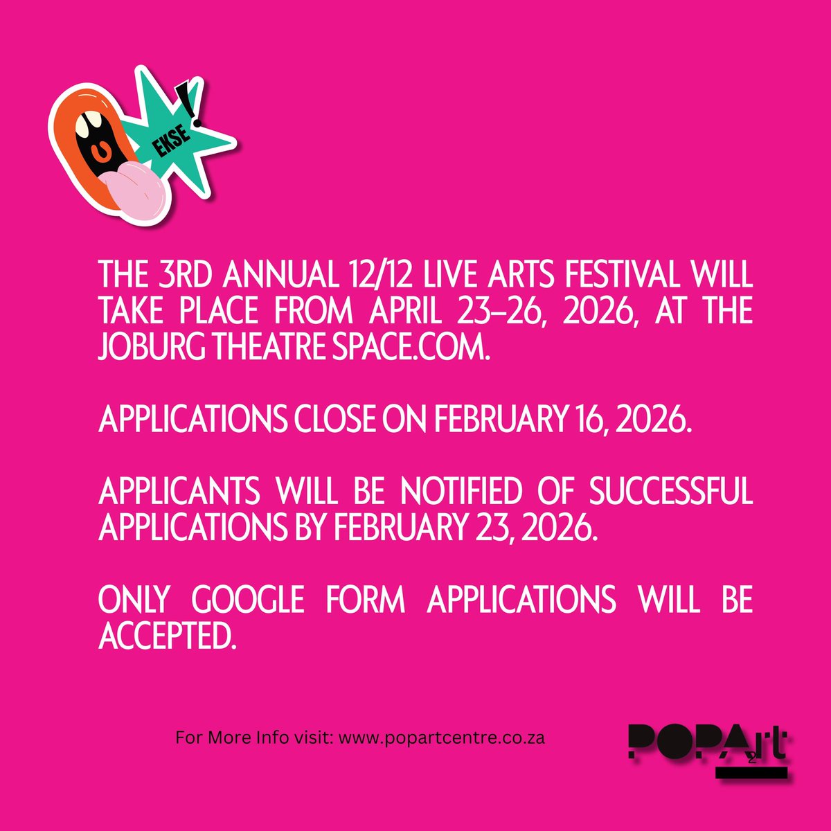 POPArtJHB's tweet photo. 12/12 CALL FOR SUBMISSIONS 🚨

🚨 12/12 CALL FOR SUBMISSIONS 🚨
POPArt is presenting an open call , where ideas collide, stories live, and art takes space.
Bring the work. Bring the fire. 🎭😁

Link is on our Bio . 🔗 https://t.co/YhoqGpGfqM