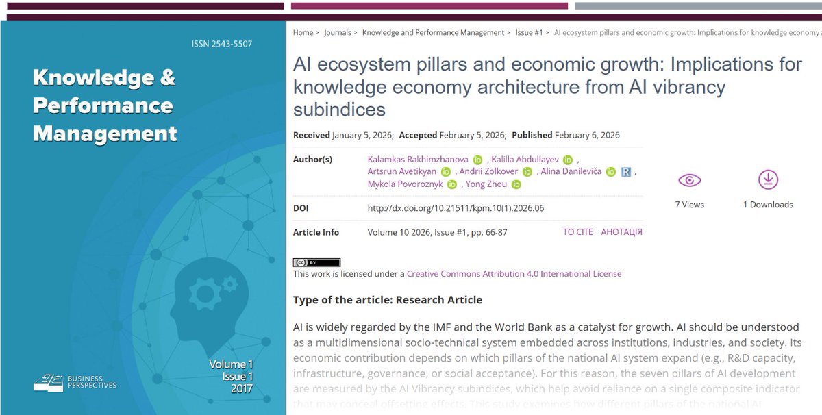 obravyt's tweet photo. 🔗https://t.co/N3nvnUTjT9
📝 AI ecosystem pillars and economic growth: Implications for knowledge economy architecture from AI vibrancy subindices
👥Kalamkas Rakhimzhanova, Kalilla Abdullayev, Artsrun Avetikyan, Andrii Zolkover, Alina Danileviča, Mykola Povoroznyk, Yong Zhou https://t.co/SMdGvk07ha
