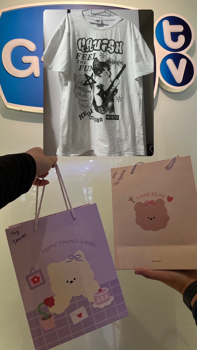 taynewfied's tweet photo. I’m gonna die… Did P’Tay wear the tshirt that I gave? I bought same tshirt last December during my Seoul trip &amp; brought it to Bangkok last month.. it was our first time flying to Bangkok, went to GMMTV and now this?! OMG!

Thank you for making my day @Tawan_V 😭

#Tawan_V

Reen https://t.co/s4LLtC39Zd