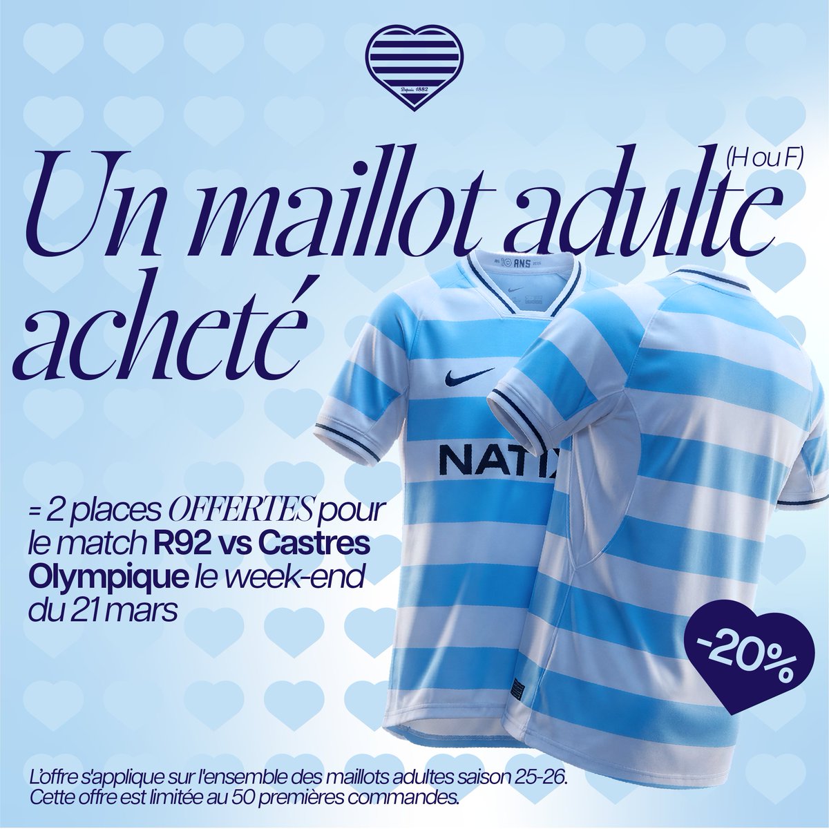 racing92's tweet photo. IT'S A MATCH 🏹❤️

1 maillot acheté = 2⃣ places offertes pour Racing 92 v Castres Olympique
👕 https://t.co/aIPInpUFim

#RacingFamily https://t.co/EMq57GUFWq