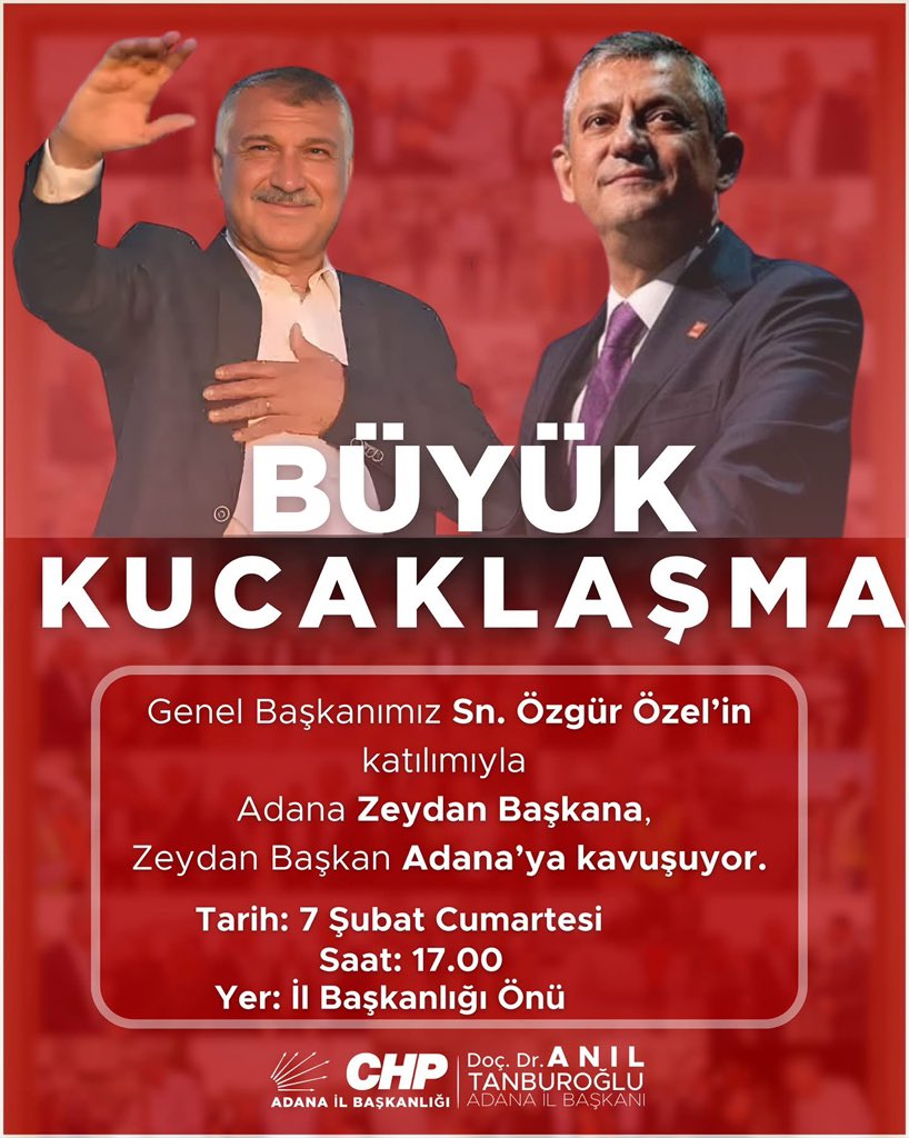 7 Şubat Cumartesi Saat 17.00’da 212  günlük hasret bitiyor; Adana Zeydan Başkana, Zeydan Başkan Adana’ya kavuşuyor.

Genel Başkanımız Sayın Özgür Özel’in katılımıyla, CHP Adana İl Başkanlığı önünde, Zeydan Başkan Adana’yla buluşuyor.