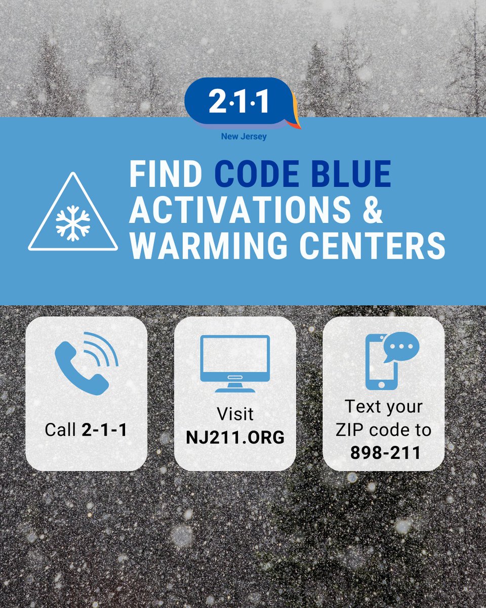 Warming Center Info! Visit nj211.org/njcodeblue to see your county's Code Blue activation information and a list of available warming centers. If you would like to receive a link to activations and warming centers, text "njcodeblue" to 898-211. #ReadyNJ