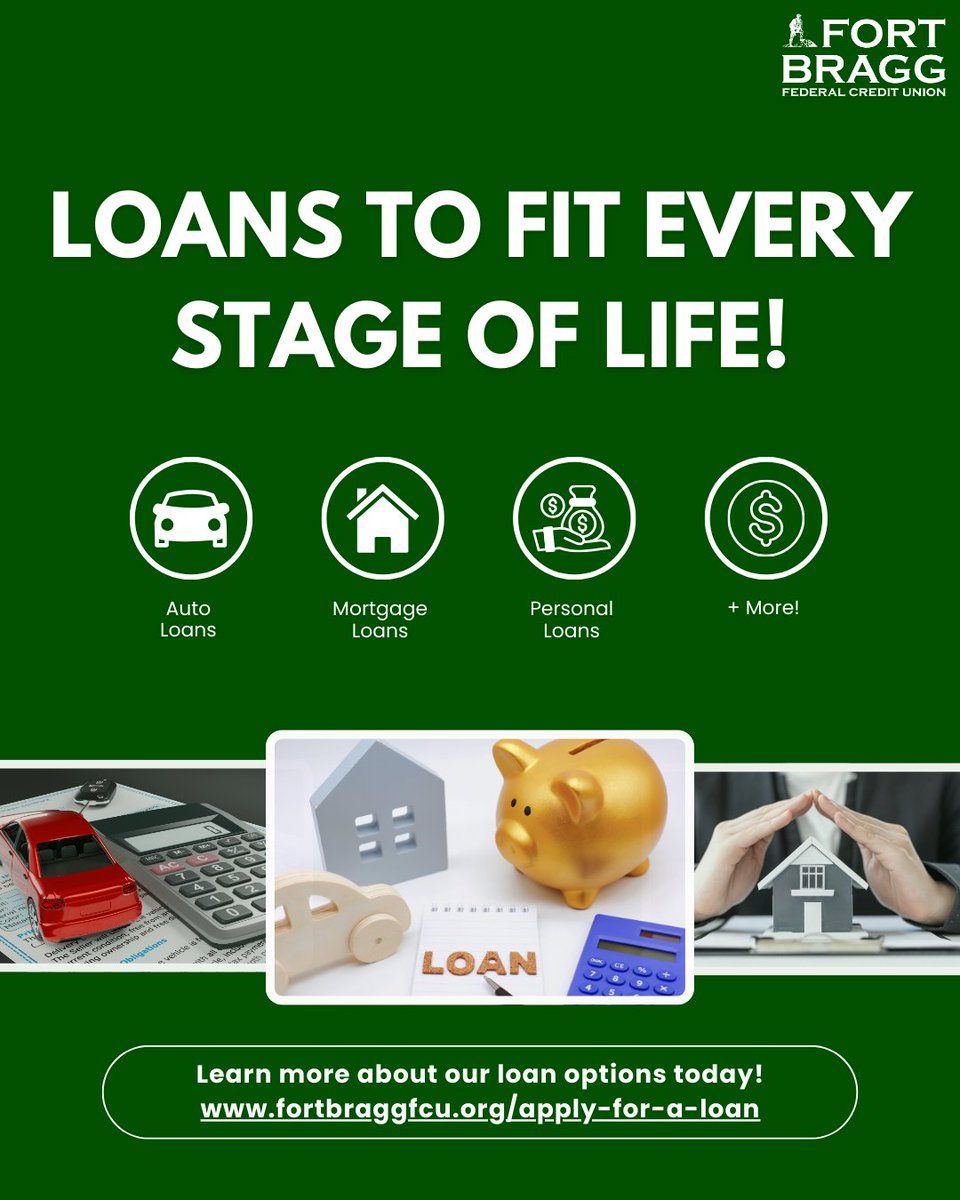 💸 Loans to fit every stage of life!

Whether it’s a new car, a home, or personal expenses, FBFCU has you covered. With competitive rates and flexible terms, our loans are designed to help you reach your financial goals.

Learn more about our loan options: fortbraggfcu.org/apply-for-a-lo…