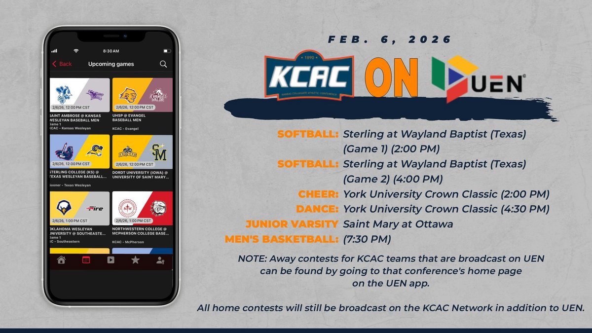 kcacsports's tweet photo. A lot of action involving KCAC teams to catch today on @UrbanEdgeTv, including #KCACsb, #KCACcheer, #KCACdance, Junior Varsity #KCACmbb, and a lot of #KCACbsb!

Tune in to UEN to catch it all!

@NAIA @NAIASB_ @NAIAHoopsReport @NAIABall https://t.co/fpznVtQQ2z