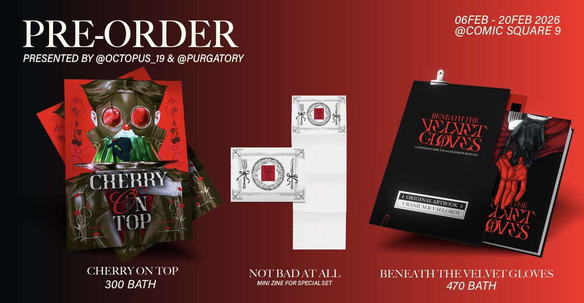 { rt ‘s appreciated } — #CQ9
PRE-ORDER ROUND ☎️

CHERRY ON TOP 🍒 &amp;  BENEATH THE VELVET GLOVES🩸

PRE-ORDER forms ; forms.gle/jMEh6VioyZbmCD…

⏳Today - 20/2/2026  23:59  
— more information &amp; sample in pre-order form pls check it out

Enjoy your meals 🍽️