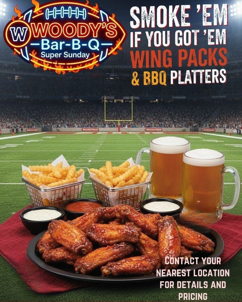 The BIG GAME is just 2 days away! Make sure your game-watch party guests are well fed with an in-home tailgate spread from Woody's Bar-B-Q! Our slow-smoked BBQ proves a great fit for any occasion &amp; our jumbo smoked wings are a gameday favorite!

*Sunday specials vary by location!