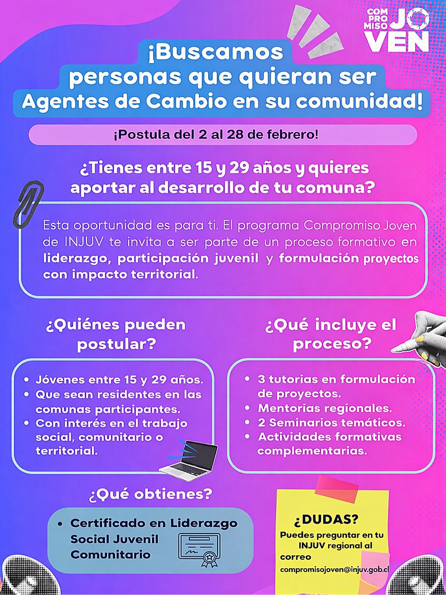 🚀 ¡Sé Agente de Cambio!
Si tienes entre 15 y 29 años, postula al programa Compromiso Joven de INJUV y participa en tutorías, mentorías y seminarios para desarrollar proyectos con impacto territorial.

🗓️ Postula hasta el 28 de febrero

#Juventudes #INJUV #Tarapacá #Liderazgo