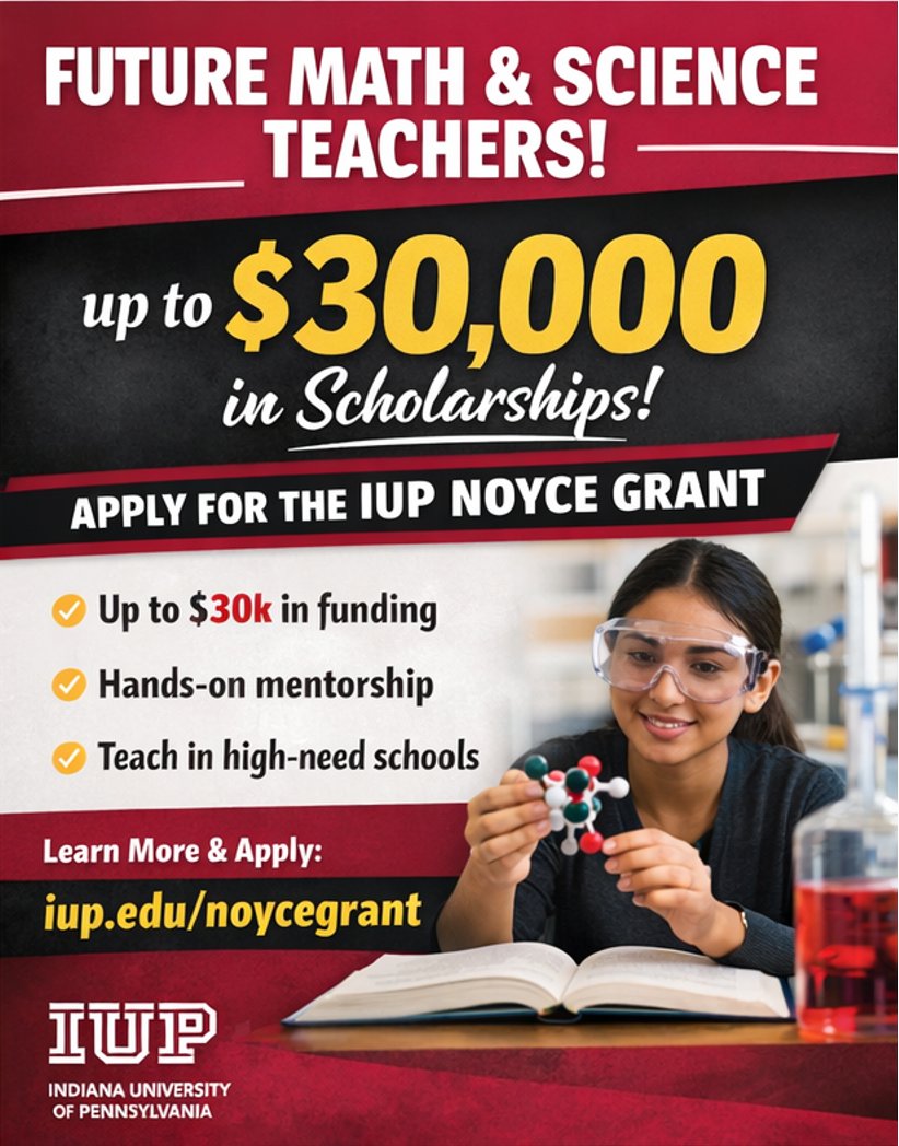 Noycegrant_iup's tweet photo. 🚨 APPLICATIONS OPEN 🚨
Spring 2026 is your moment.
Future STEM teachers can earn up to $15,000 while preparing to teach where it matters most 🍎📚
Apply now 👇
#STEMEducation #FutureTeachers #ScholarshipAlert #IUP #NoyceGrant https://t.co/J5TUgr6AJq