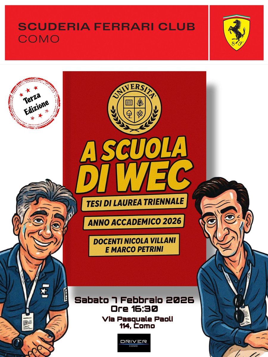 Tutti a scuola domani pomeriggio con i nostri due prof <a href="/MarcoPetriniMac/">Marco Petrini</a> e <a href="/NicVillani/">Nicola Villani</a> a lorp si unira' il prof di letteratura sportiva Emiliano Tozzi vi aspettiamo al Driver Como via pasquale paoli 114