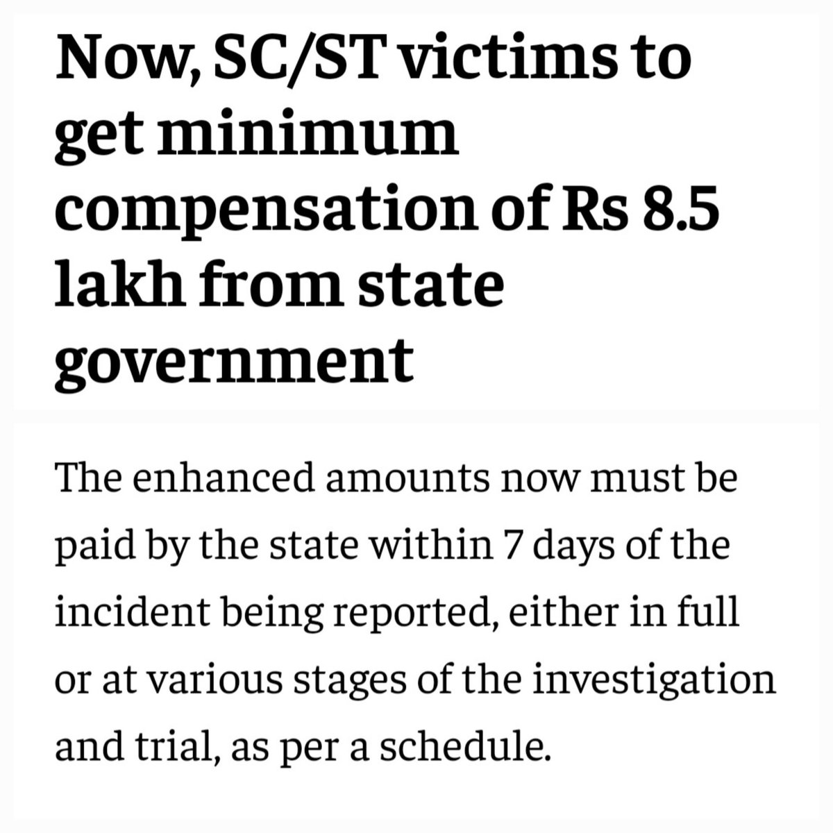 Did you know?
Under the SC/ST act, govt pays compensation upto ₹8.5 lakhs!

&amp; 75% of this money gets deposited in the victim's account, before the crime is proved in Court!

No wonder, ppl are filing SC-ST act cases for every small dispute.

This is a great business model!!
