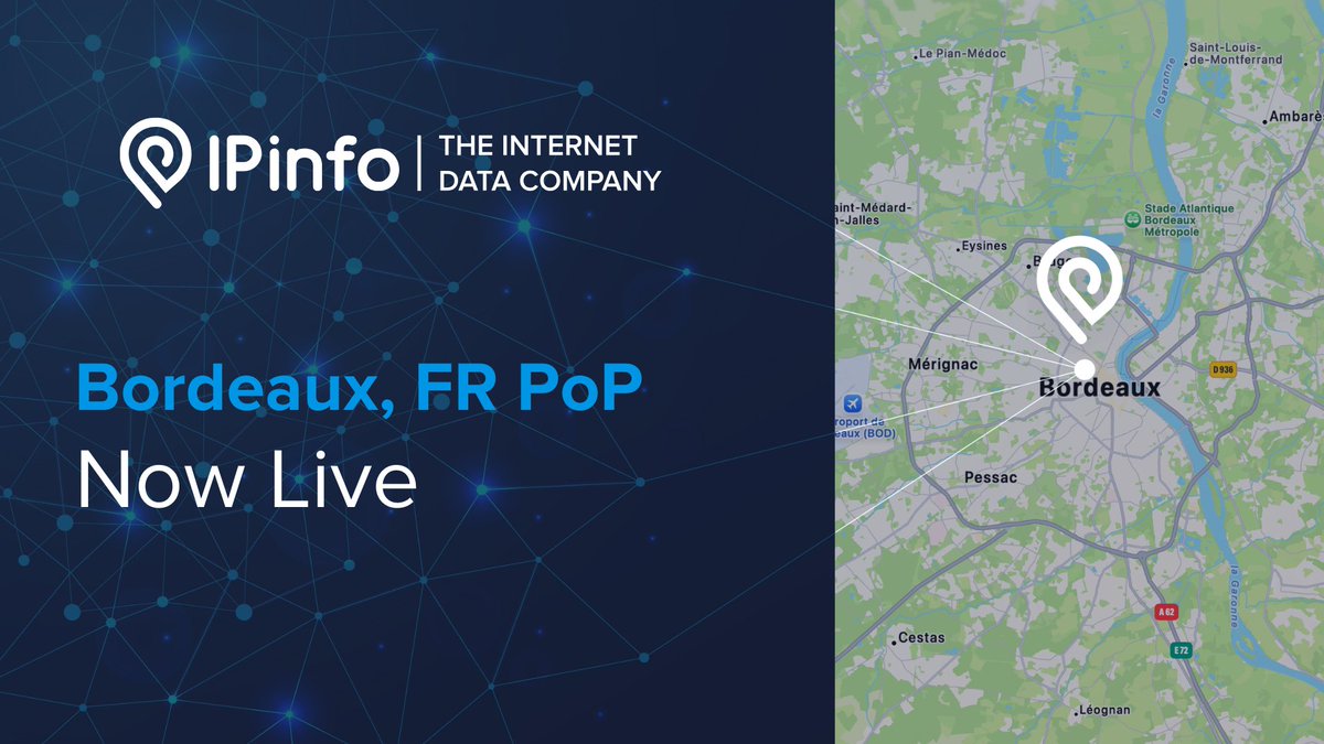 ipinfo's tweet image. Let’s raise a glass to our newest PoP in Bordeaux 🇫🇷🍷

Strengthening our coverage in Western Europe with more accurate, regionally grounded IP data.

#IPData #InternetInfrastructure #NetworkIntelligence
