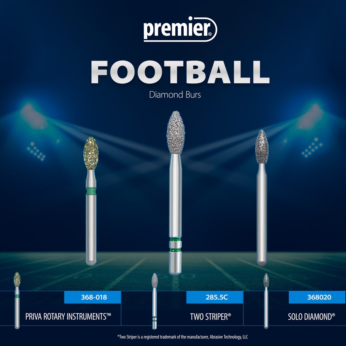 Ahead of “the big game”, kick-off the weekend with these popular diamonds - maybe order a few at halftime! Score big with Premier’s MVPs of Rotary: Solo Diamond®, Priva Rotary Instruments™ Diamond Burs, and Two Striper® premierdentalco.com/product-tag/fo…