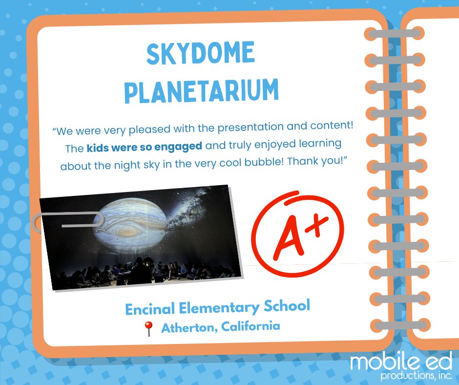 MobileEdProd's tweet image. Many thanks to Encinal Elementary School for such a kind “report card”! ⭐ Learn more about our SkyDome Planetarium program today by clicking here: mobileedproductions.com/sky-dome-porta… #MobileEd #MobileEdMagic #schoolassembly #schoolprogram #scienceprograms